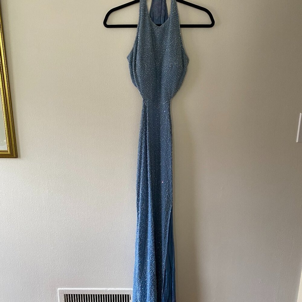 Vintage Y2K Light Blue 100% Silk Beaded Cut Out Halter Maxi Fairy Small Prom